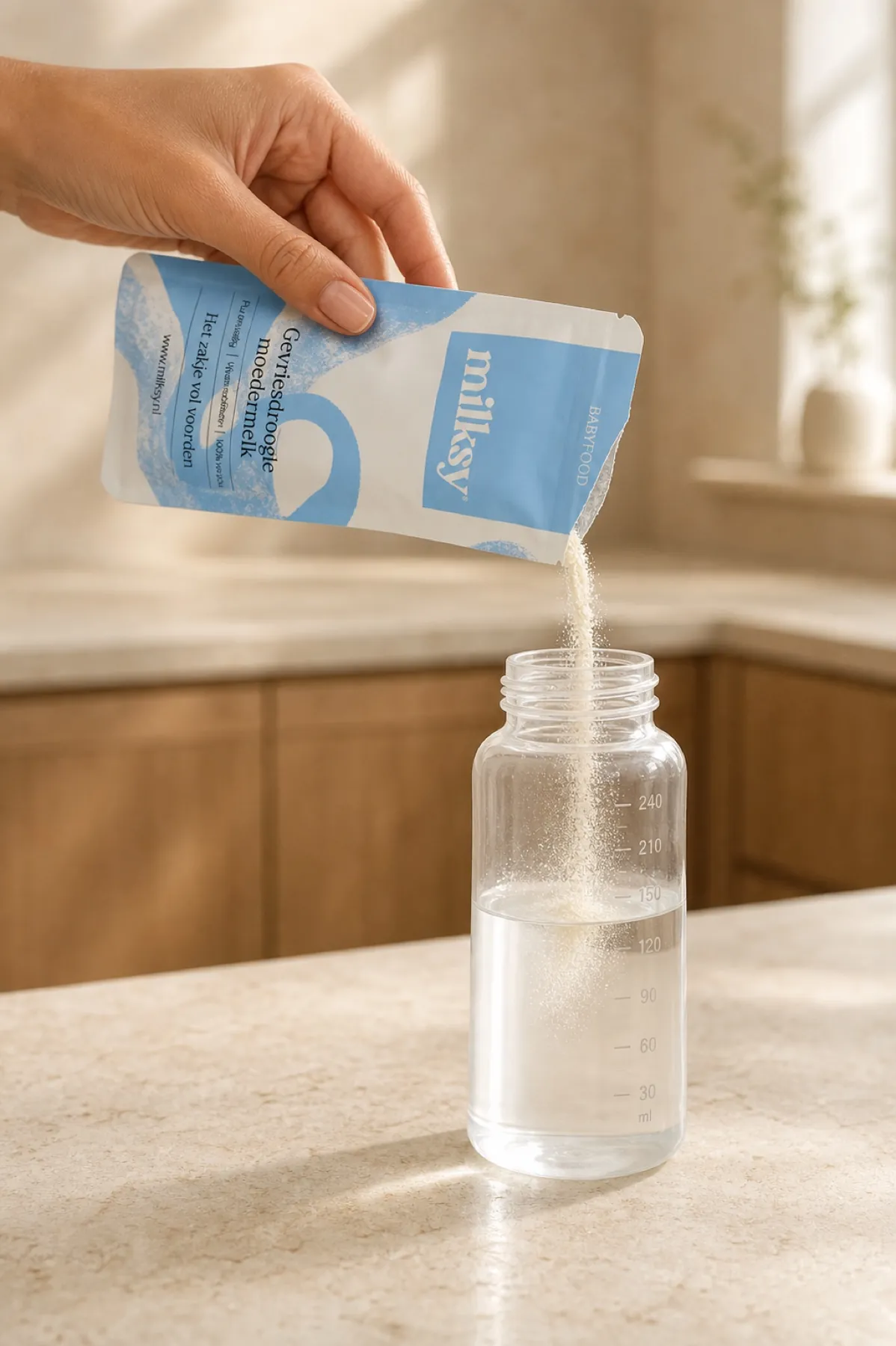 Milksy moedermelkpoeder wordt aan een fles toegevoegd